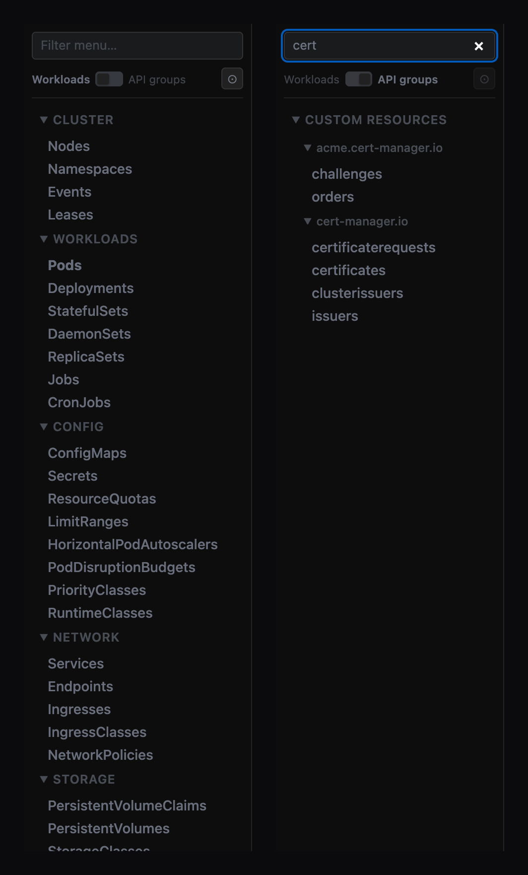 The sidebar twice: the Workloads taxonomy, and the API-groups taxonomy filtered to "cert".