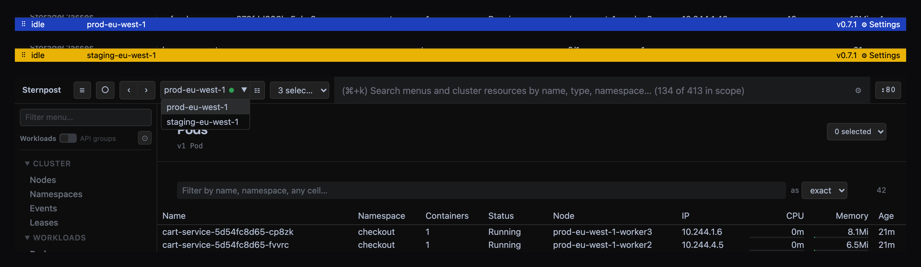 Two clusters with their own status-bar colours, and the cluster picker open.
