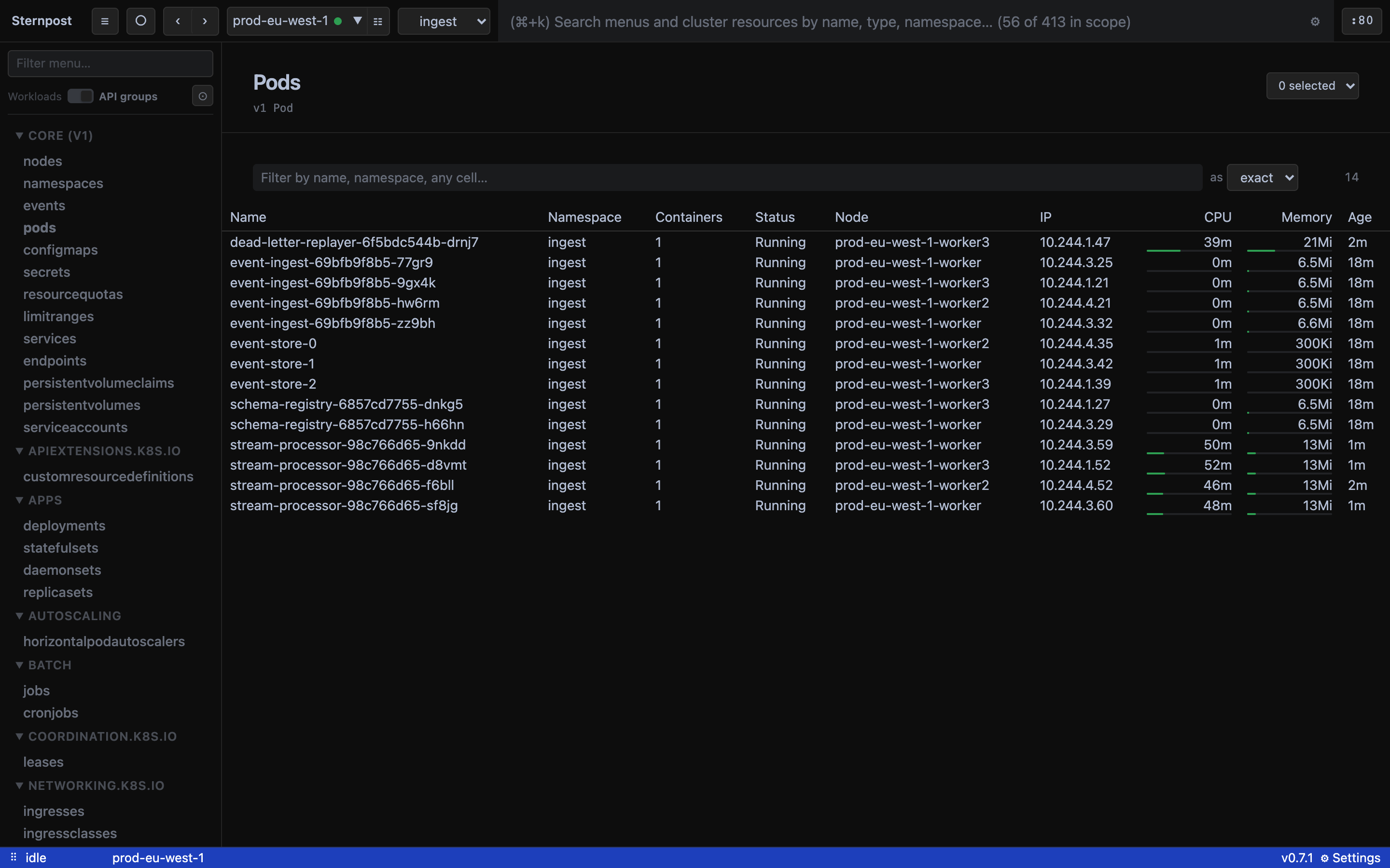 The Pods list for the ingest namespace, every row a live watch.