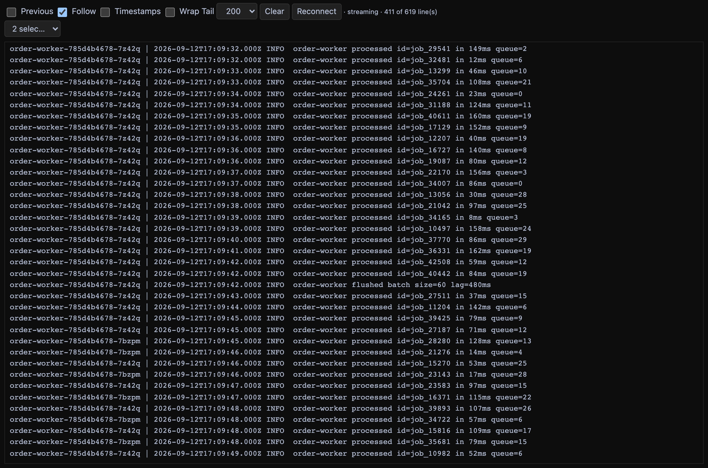 Logs of a Deployment's three pods merged into one stream, each line tagged with its pod, one pod muted.