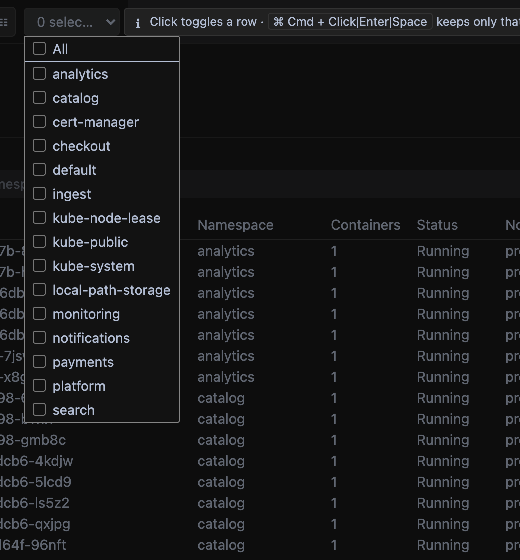 The namespace scope picker open, with checkout, payments and platform ticked.
