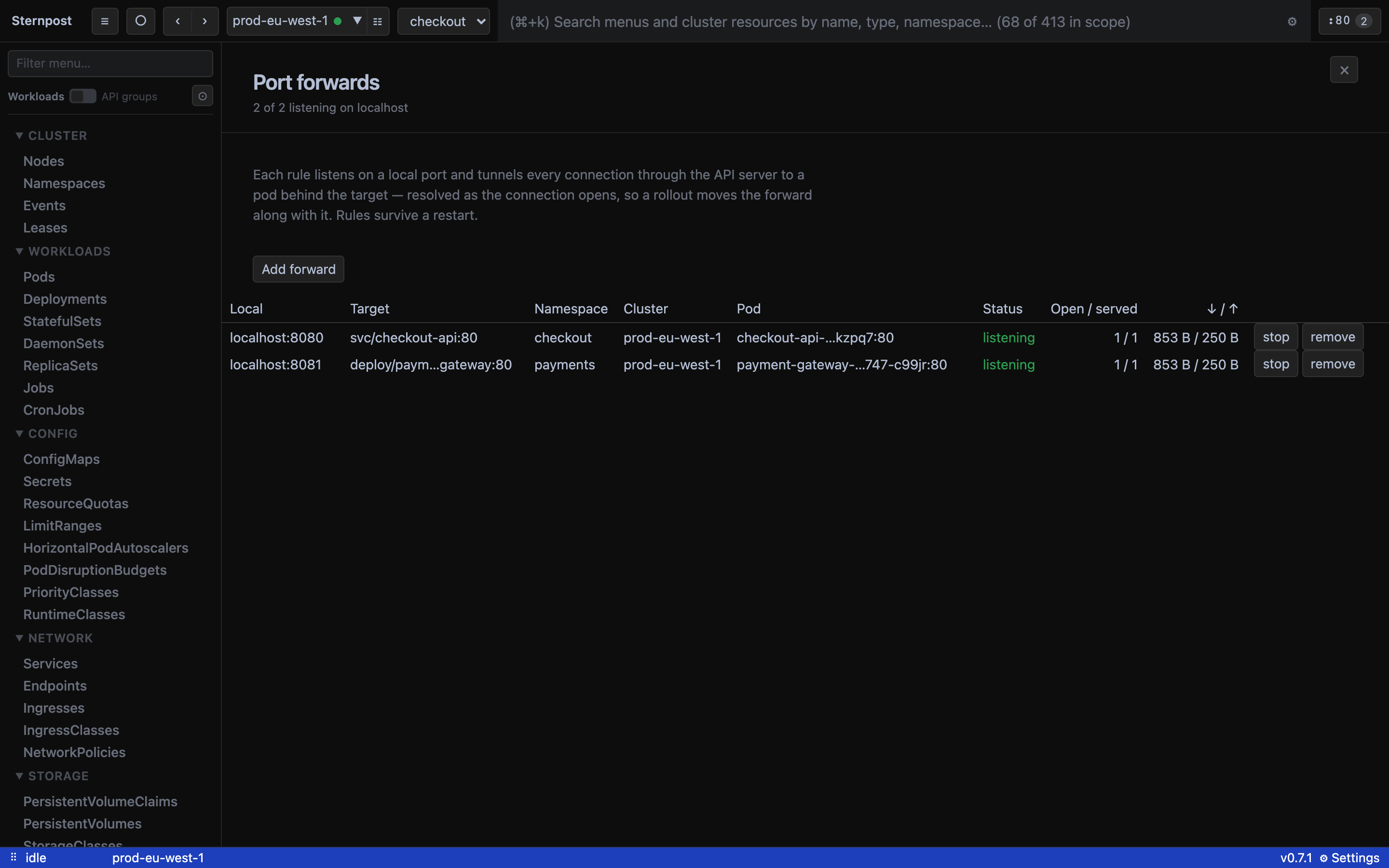 The port-forwards page with two rules, one to a Service showing which pod it currently reaches, and the header's forward counter.