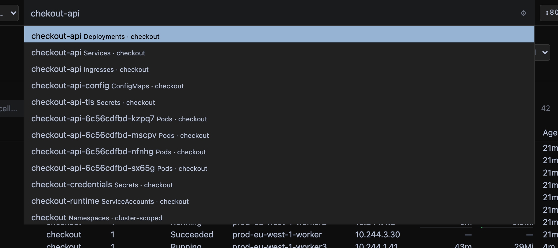 The command palette matching a misspelled name to checkout-api.